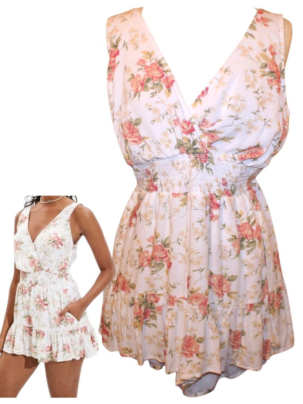 AMERICAN EAGLE Cream Floral Smocked Romper Mini Dress Look Sz M Pockets